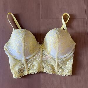 EUC Victorias Secret Lightly Lined Bustier Bra SZ 36C Long Line Yellow Lace